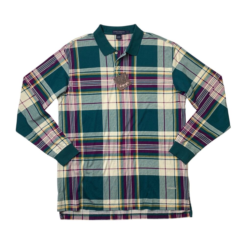 Daniel Cremieux Polo Shirt Mens L Large Green Scottish Plaid Cotton Long Sleeve